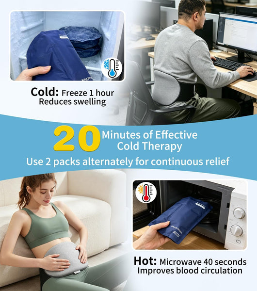 Extra Large Ice Pack Back Pain Relief 2 Pack Adjustable Waist Strap | 13x8 in gel packs reusable packs 20min cold therapy adjustable waist 24-62in for sciatica knee/shoulder/hip machine washable