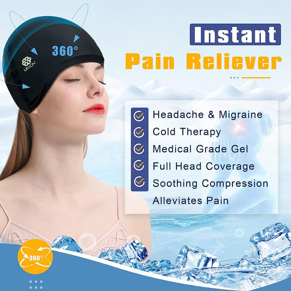 uncn Migraine Relief Hat, Ice Headache Wrap for Migraine Cooling Pack Hat Compress Pad Cold Therapy for Stress, Tension, Sinus Pain Relief Reusable Full Head Wrap