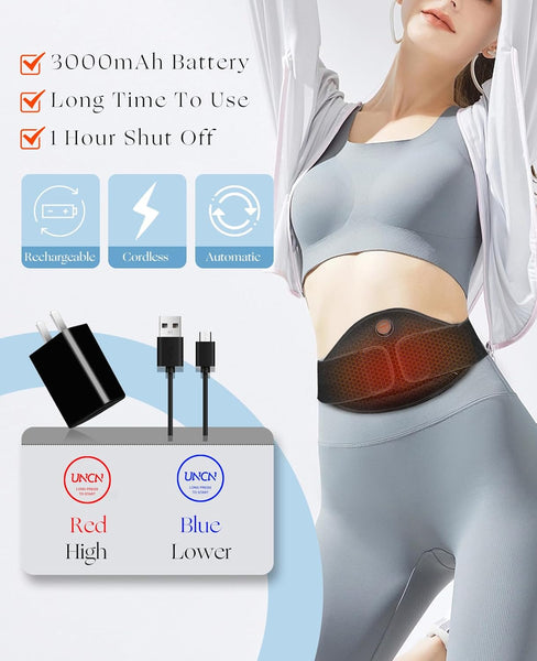 UNCN Portable Heating Pad for Cramps, Back Pain Relief, 3000mAh Battery Cordless Period Menstrual Heating Pad Electric Waist Belt Wireless Rechargeable Belly Wrap Wearable Washable